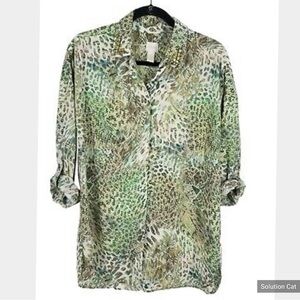 New Chico’s Green Multicolor Button Down Blouse Embellished Rhinestone Collar